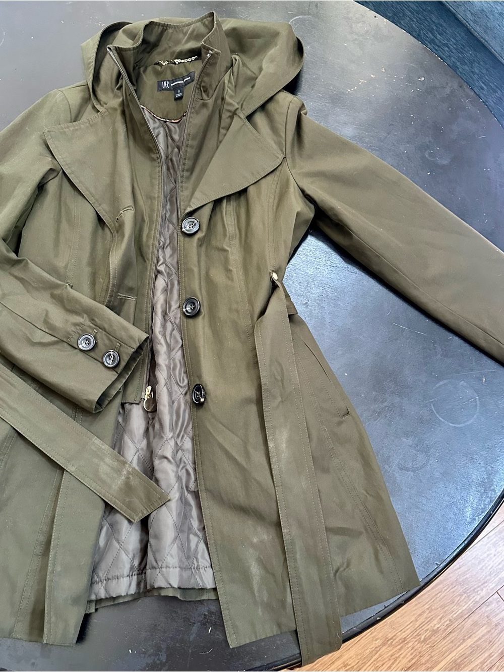 INC International Concepts Olive Hooded Trench Coat